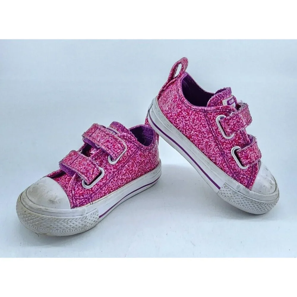 CONVERSE‎ All Star Girls Shoes Hook & Loop Pink Coated Canvas Glitter Size 4